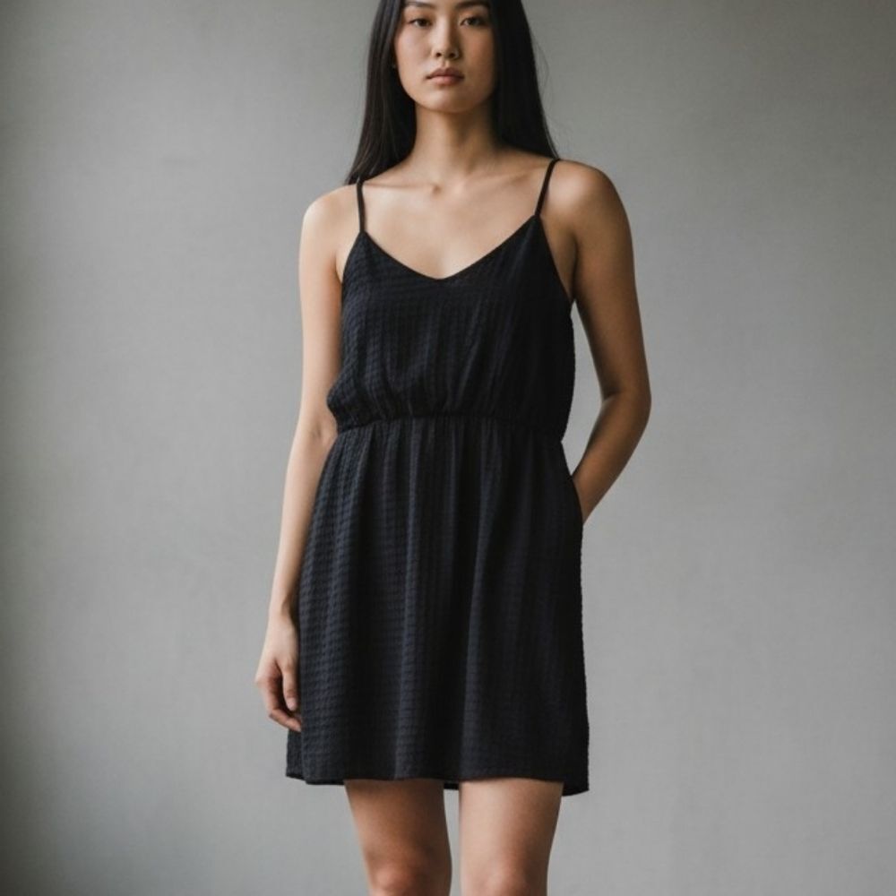 Black Checkered Texture Sleeveless Dress